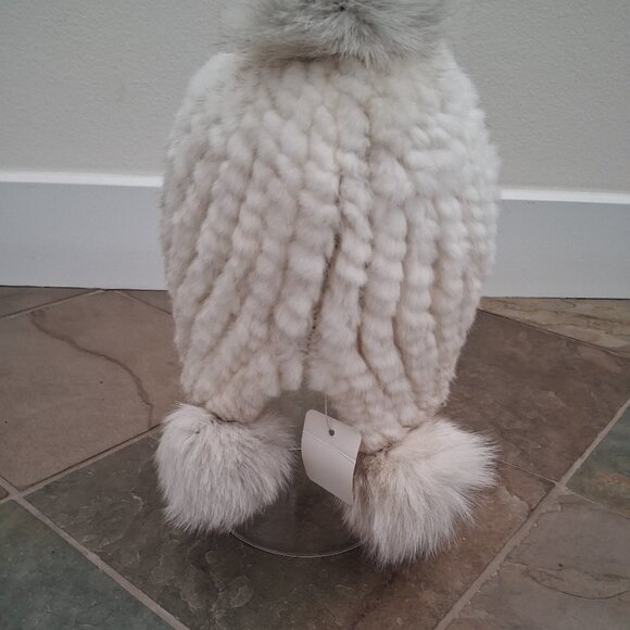 New Mink Fur Knitted Beanie Hat with Fox Pompoms - Picture 2 of 10